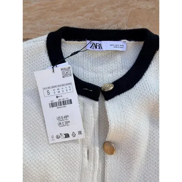 Zara Textured Knit Cropped Cardigan Jacket - Black & Ivory Contrast S NWT ES - Picture 2 of 3